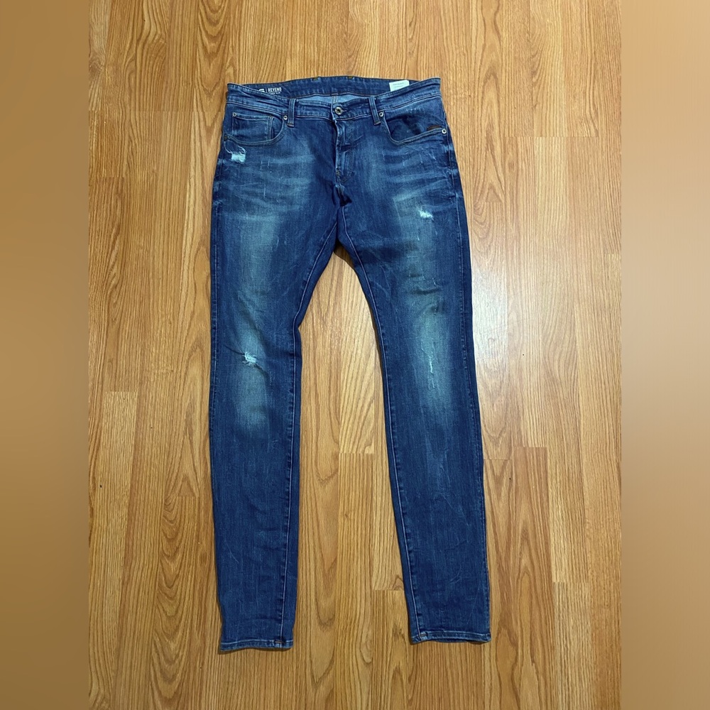 G- Star Raw - Reverend Skinny Distressed Blue Jeans. 34W/34L